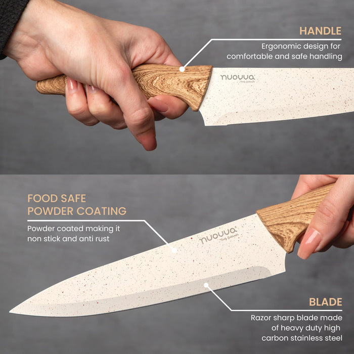 Nuovva set of kitchen knives with ergonomic handle, food safe powder coating and razor sharp blade made of high-carbon stainless steel.