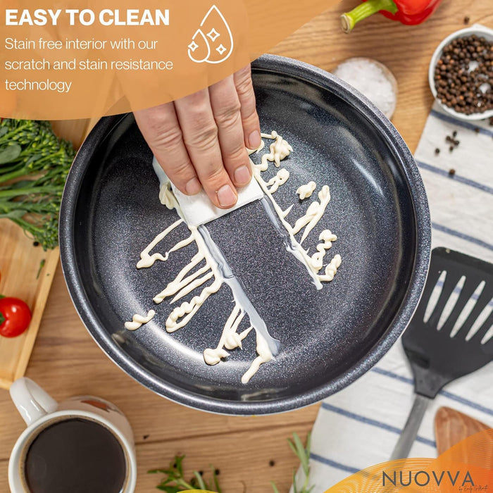 Nuovva copper cookware with easy to clean, stain-free interior with stain free and scratch resistant technology.