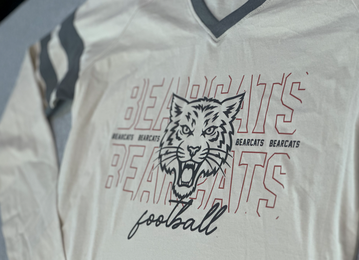 Aledo FootballBearcat Face Logo V-Neck Long Sleeve Stripe Tee
