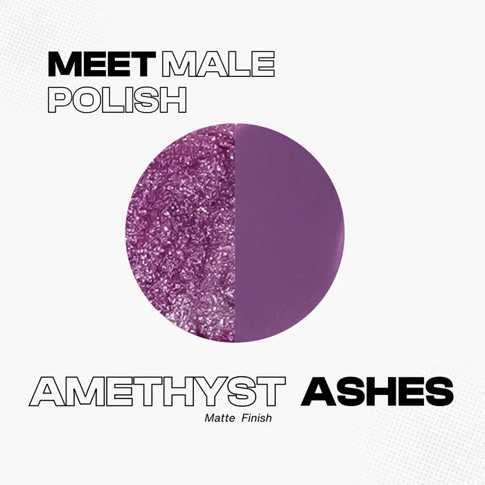 Manic Panic Male Polish Amethyst Ashes nail polish swatch showing half glittery purple and half matte purple finish. Text reads ‘Meet Male Polish Amethyst Ashes – Matte Finish