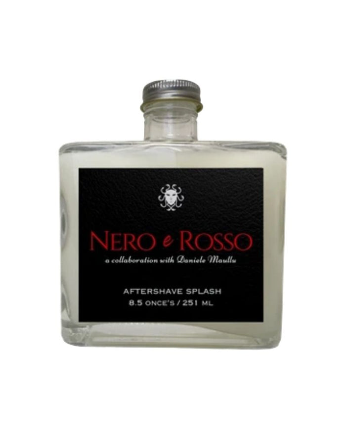 A clear glass bottle of Nero & Rosso Aftershave Splash with a black label and silver cap, shown on a white background.