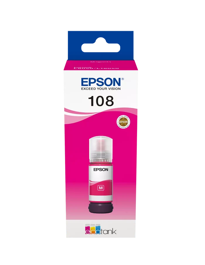 Epson 108 EcoTank Magenta Original Ink packaging.