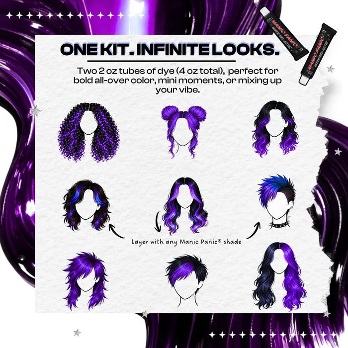 Graphic showing creative hairstyle looks using Manic Panic Inter-GEL-actic™ Love Power Purple gel hair color kit, a semi-permanent DIY hair dye with two 2 oz tubes for bold purple color and custom styling