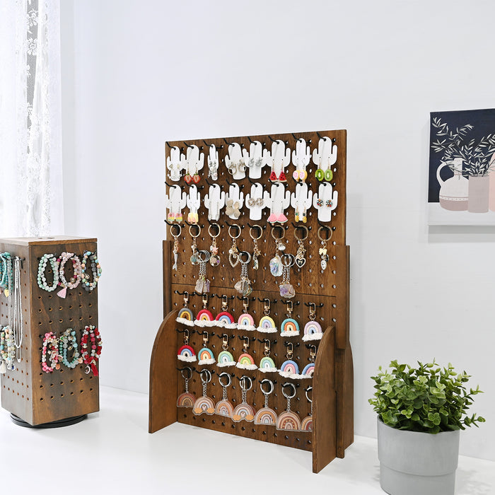 #WD6308BR Wood Standing Jewelry Pegboard Display With 48 Removable Peg Hooks