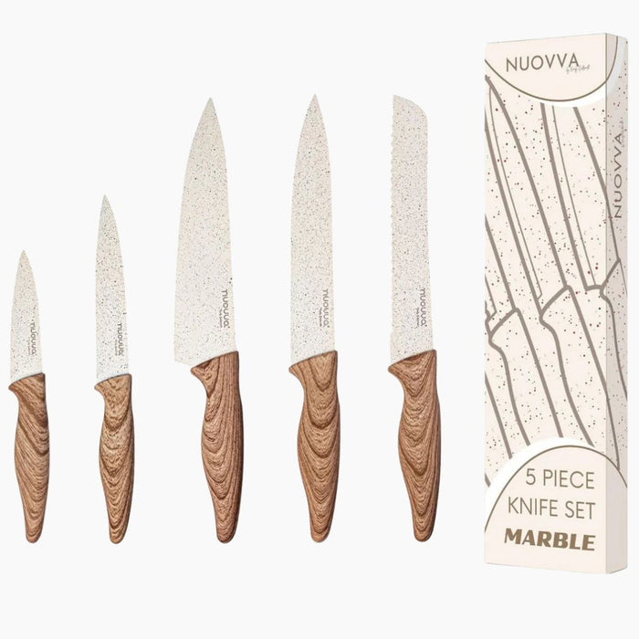 Nuovva set of 5 cream granite marble -look kitchen knives includes chefs knife, filleting knife, bread knife, paring knife & utility knife.