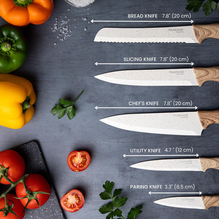 Nuovva set of 5 kitchen knives including 7.8 inch bread knife, 7.8 inch slicing knife, 7.8 inch chef's knife, 4.7 in h utility knife and 3.3 inch paring knife.