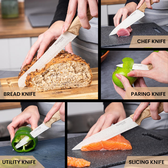 Nuovva set of 5 cream granite kitchen knives including bread knife, chef knife, paring knife, slicing knife and utility knife.