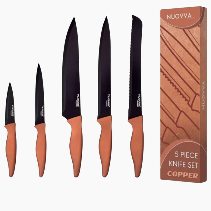 Nouvva set of kitchen knives with copper handles and black blades including knives such as chefs knife, utility knife and more.