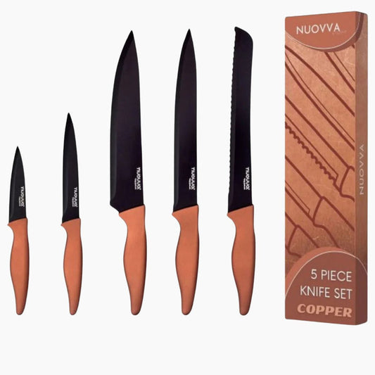 Nouvva set of kitchen knives with copper handles and black blades including knives such as chefs knife, utility knife and more.