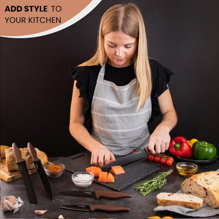 Add style to your kitchen with nuovva 5 piece copper kitchen knife set including chefs knife.