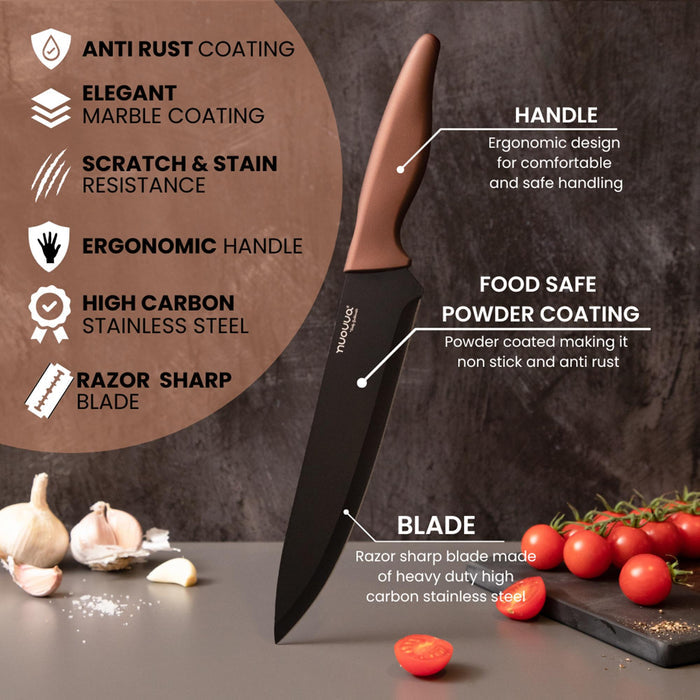 Nuovva set of kitchen knives with copper ergonomic handle and razor sharp blade made of high carbon stainless steel.