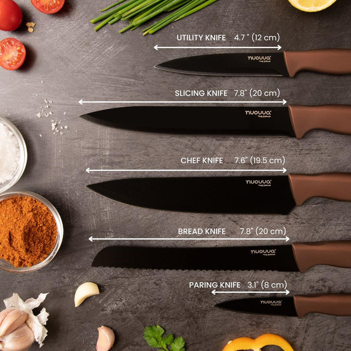 Nuovva copper kitchen knife set includes 4.7" utility knife, 7.8" slicing knife, 7.6" chef knife, 7.8" bread knife and 3.1" paring knife.