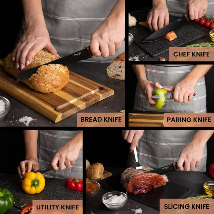 Nuovva set of 5 copper kitchen knife set includes bread knife, chef knife, paring knife, utility knife and slicing knife.