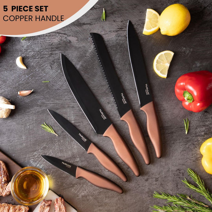Nuovva set of 5 kitchen knife set with copper handles and black blades to add style to your kitchen.