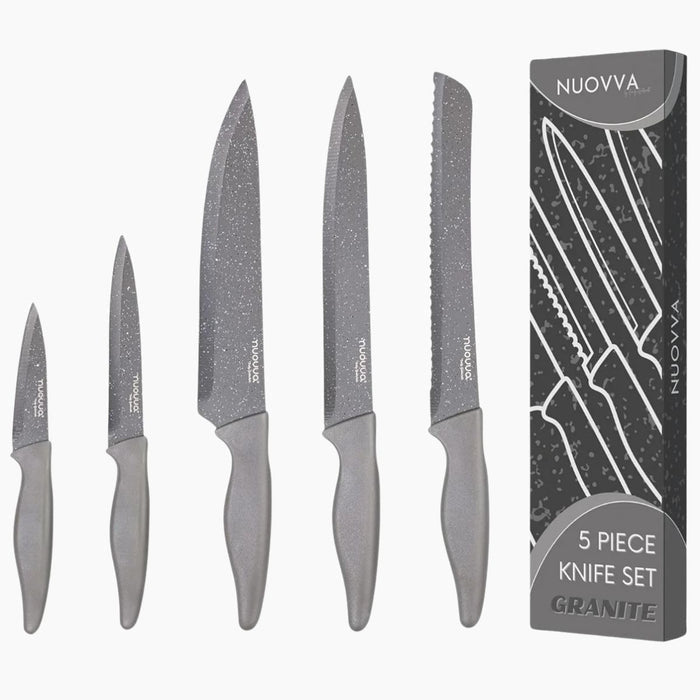 Nuovva 5pcs grey granite set of kitchen knife set includes bread knife, chefs knife, filleting knife, paring knife and utility knife.