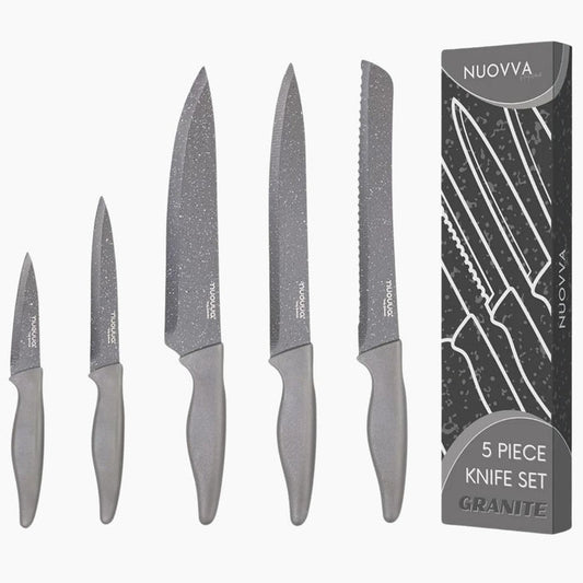 Nuovva 5pcs grey granite set of kitchen knife set includes bread knife, chefs knife, filleting knife, paring knife and utility knife.