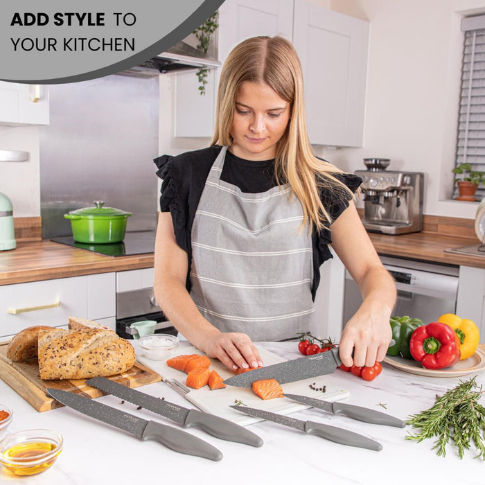 Add style to your kitchen with nuovva grey marble kitchen knife set including paring knife, chef knife, bread knife, utility knife and slicing knife.