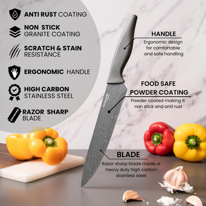 Nuovva grey granite kitchen knife with ergonomic handle and food safe powder coating for anti rust with a razor sharp blade for precision cutting.