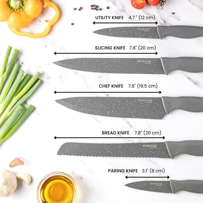 Nuovva 5pcs kitchen knife set including 4.7" utility knife, 7.8" slicing knife, 7.6" chef knife, 7.8" bread knife and 3.1" paring knife.