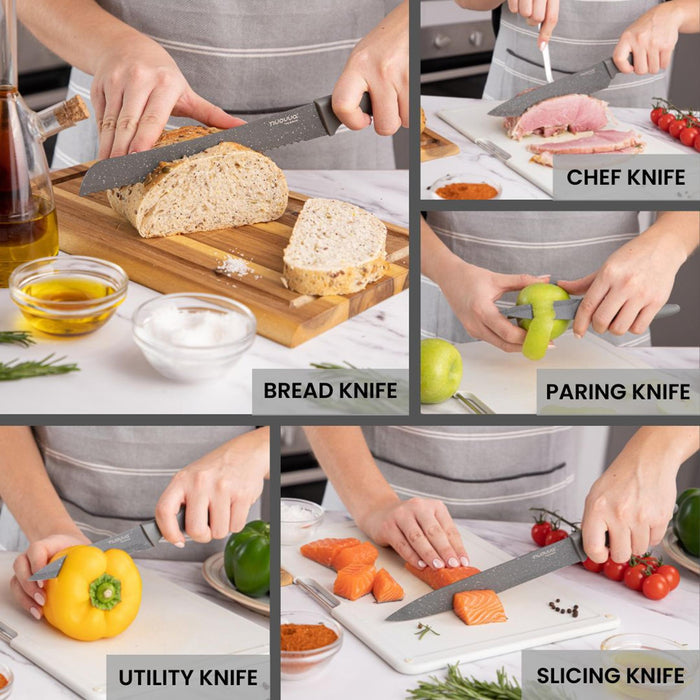 Nuovva 5 pcs grey granite kitchen knife set includes bread knife, chef knife, paring knife, slicing knife and utility knife.