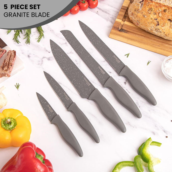 Nuovva set of 5 pcs kitchen knife set with grey granite blade and grey handle for stylish home use and gifting.