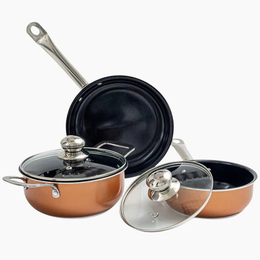 Nuovva 5pcs copper cookware set includes induction saucepan, stockpot and frying pan for all cooking needs.