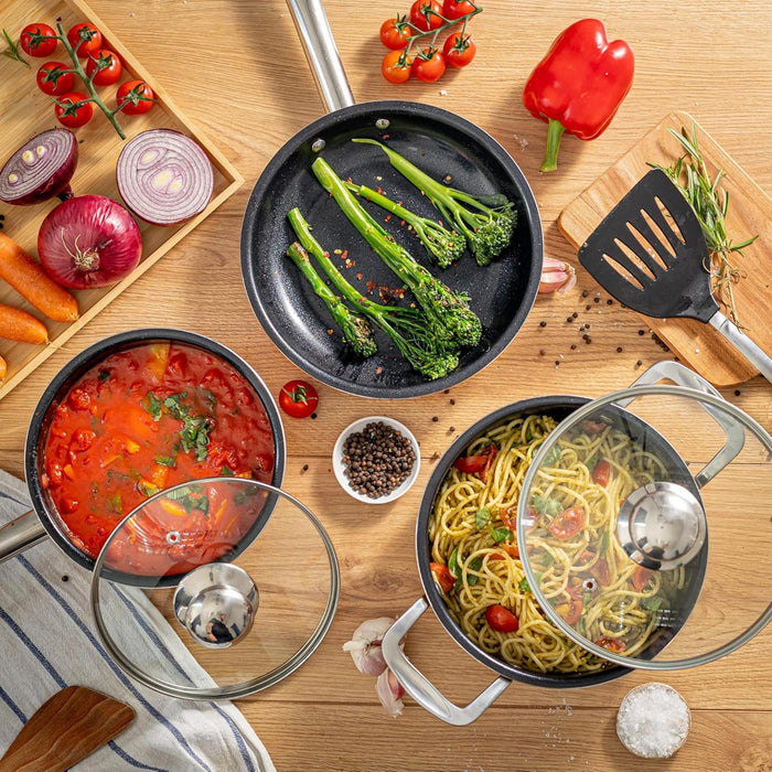 5pcs copper cookware set with stock pot and glass lid, saucepan with glass lid and a frying pan for all cooking need.