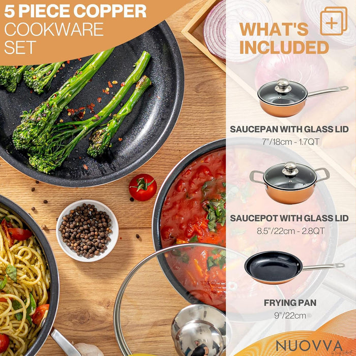 Nuovva 5 piece copper cookware set includes a 7" saucepan with glass lid, 8.5" stockpot with glass lid and 9" frying pan with metal handle.