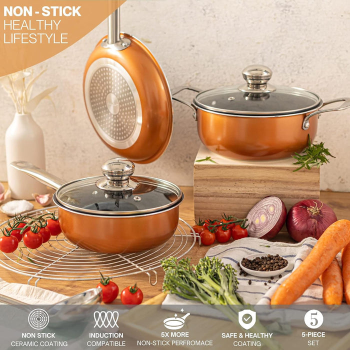 Copper cookware set with non-stick ceramic coating, induction compatible and safe & healthy coating for premium cooking.
