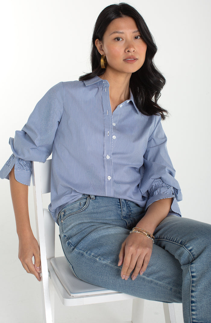 Adjustable Sleeve Button Front Woven Top