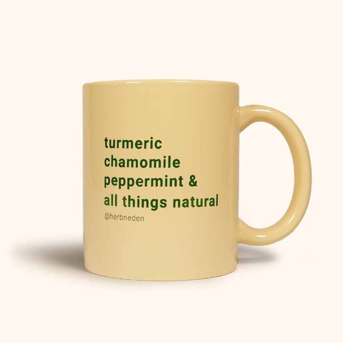 Herb'N Eden ceramic mug with turmeric chamomile peppermint and all things natural design