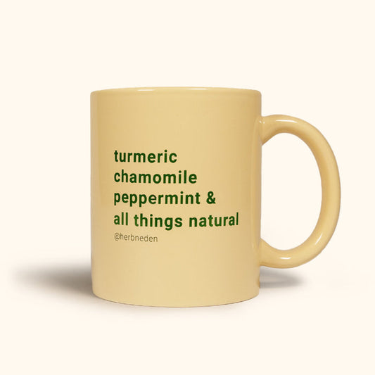 Herb'N Eden ceramic mug with turmeric chamomile peppermint and all things natural design