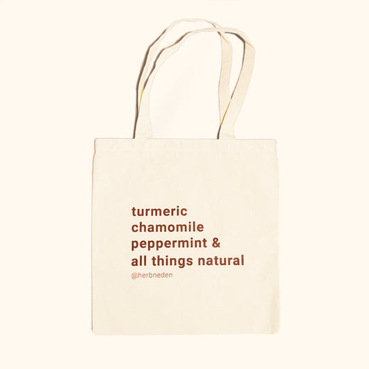 Herb'N Eden natural canvas tote bag with turmeric chamomile peppermint and all things natural graphic