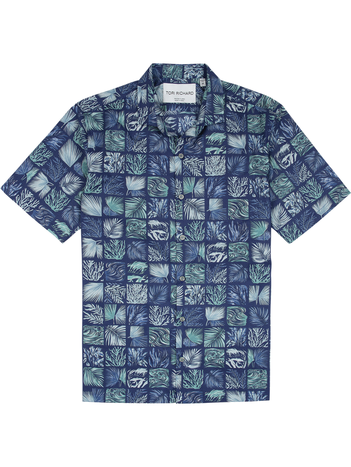 Blue-green ocean plants and corals grid-print short-sleeve shirt, flat lay front view