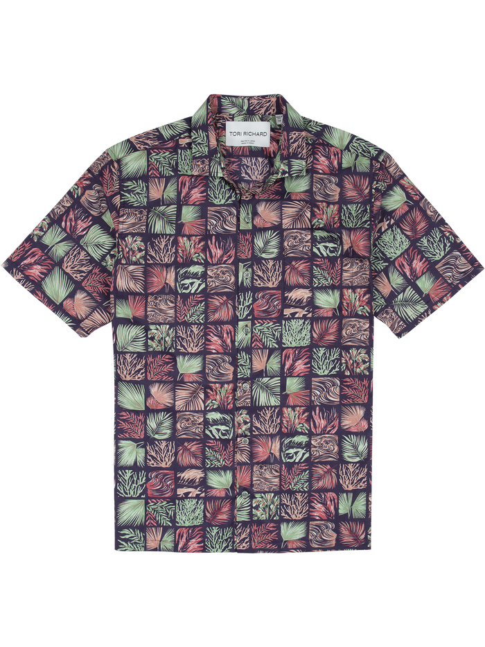 Red and mint green tropical leaf and coral square print short-sleeve shirt, flat lay front view.