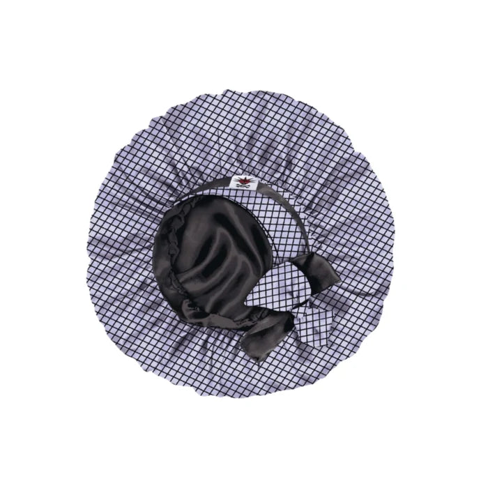 Black and lilac grey fishnet bonnet with a bow on a white background