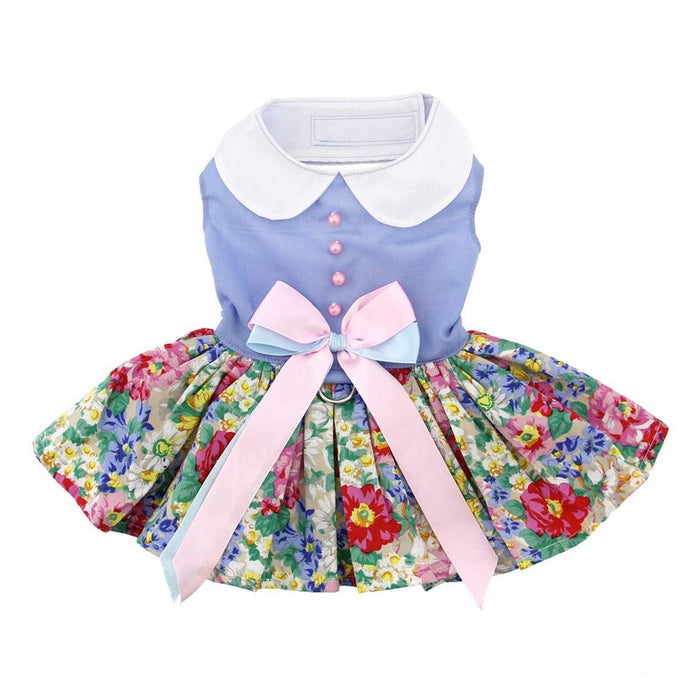 Blue and White Pastel Pearls Floral Dog Dress with Matching Leash