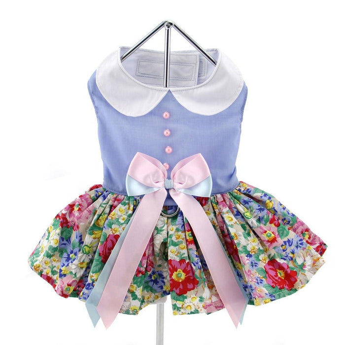 Blue and White Pastel Pearls Floral Dog Dress with Matching Leash