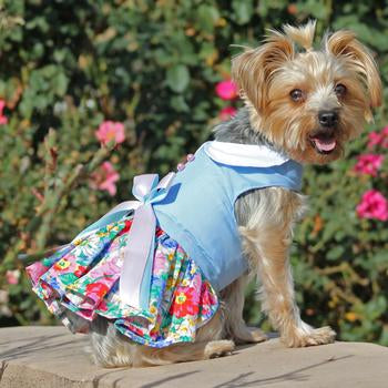 Blue and White Pastel Pearls Floral Dog Dress with Matching Leash