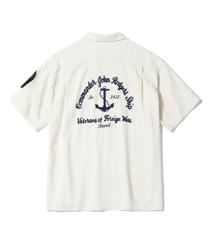 BR39510 U.S. NAVY RAYON LINEN OPEN SHIRT with CHAIN EMBROIDERED - OFF WHITE