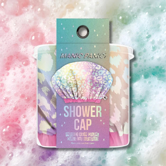 Bright Pastel Leopard waterproof shower cap packaging shown on a pastel bubble background