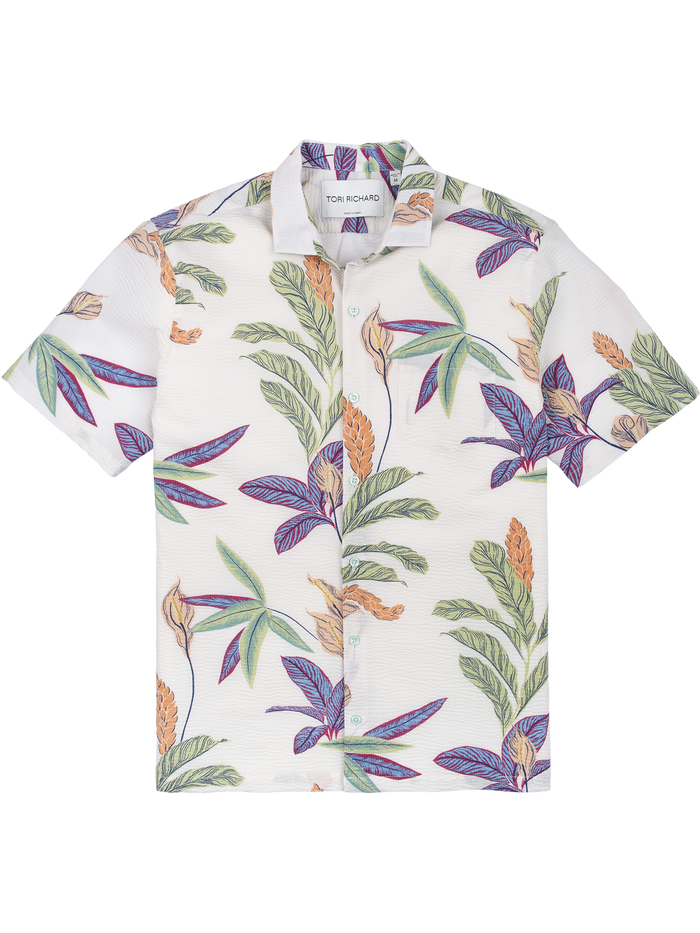White tropical-print short-sleeve button-up shirt in cotton lawn fabric, front view shown in Images 1 and 2.