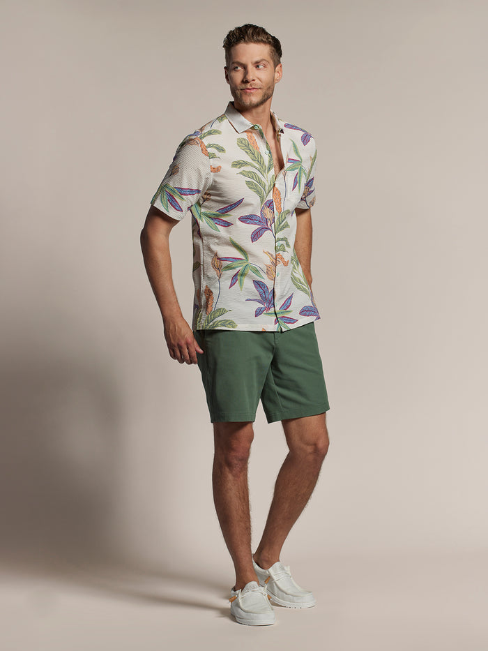White and green Calla Lily floral short-sleeve shirt, front view shown in Images 1 and 2.