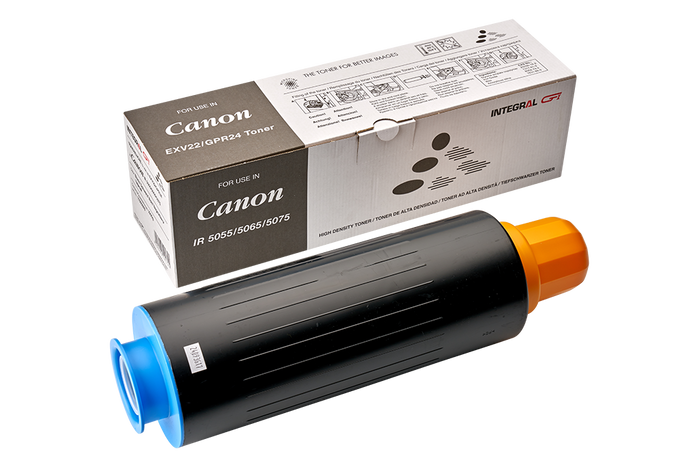 A black compatible Canon EXV-22 toner cartridge next to its packaging box, which also displays the Canon logo and product information.