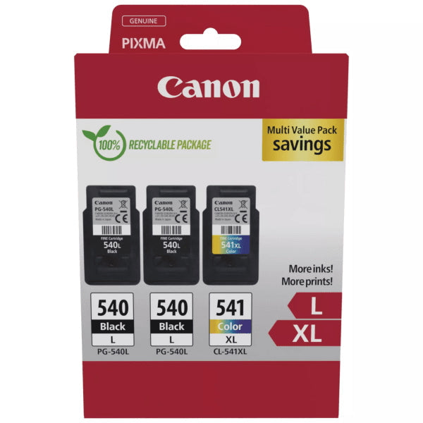 Canon PG-540L x 2 / CL-541XL High Yield Genuine Ink Cartridges, Pack of 3 2 x Black, 1 x Colour - 5224B017