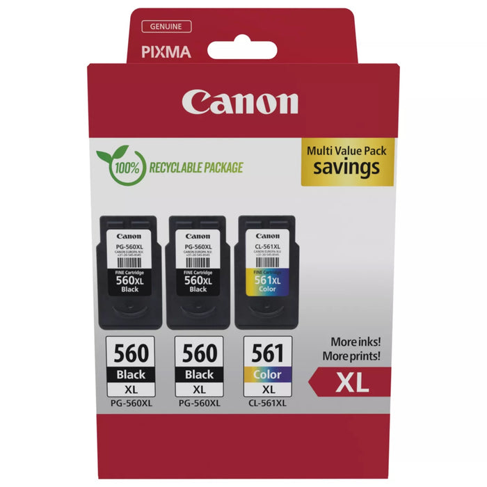 Canon PG-560XL x 2 / CL-561XL High Yield Genuine Ink Cartridges, Pack of 3 2 x Black, 1 x Colour - 3712C009