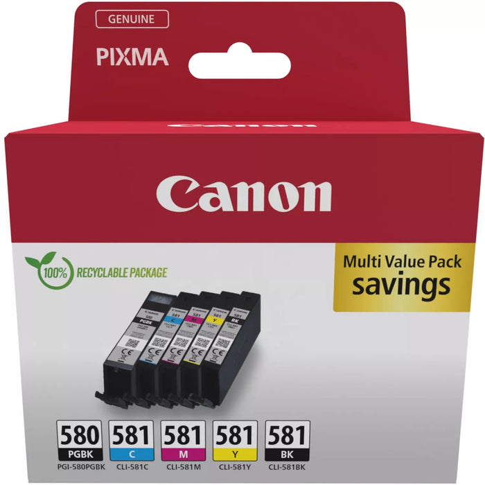 Canon PGI-580 / CLI-581 Genuine Ink Cartridges, Pack of 5 2 x Black, Cyan, Magenta, Yellow - 2078C007
