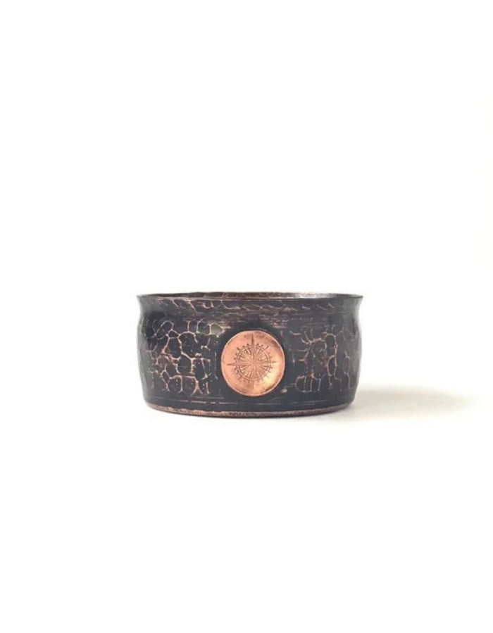 Side view of black copper travel lather bowl with hammered texture and copper emblem, ideal for grooming on the go, SKU: CAPTAINSCCOPPEROBSIDIANTRVL