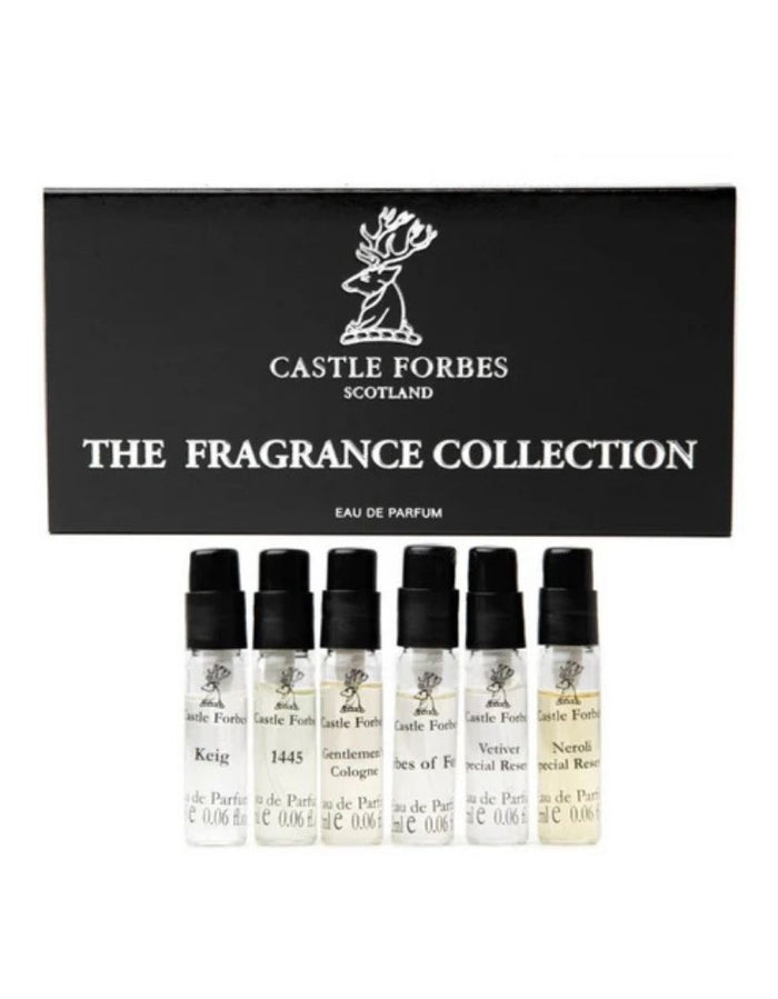 Castle Forbes Scotland 'The Fragrance Collection' set, featuring a black presentation box with white lettering and six small fragrance sample bottles displayed below on a white background.