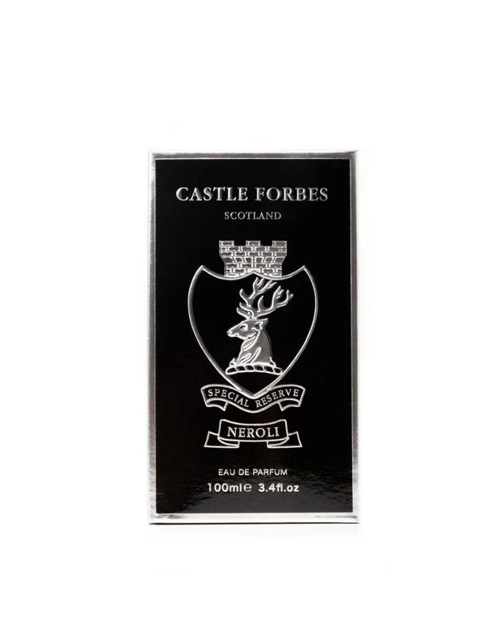 Castle Forbes Special Reserve Neroli Eau de Parfum 100ml boxed packaging with silver crest on black background